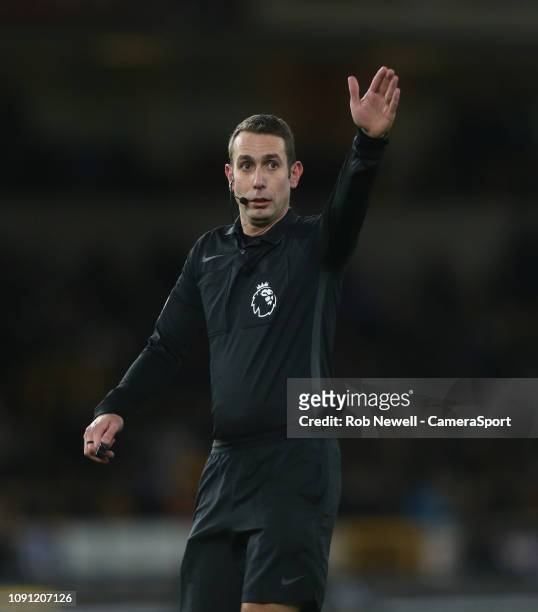 Referee David Coote during the Premier League match between Wolverhampton Wanderers and West Ham United at Molineux on January 29, 2019 in...