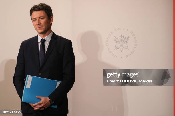 French Government's spokesperson Benjamin Griveaux looks on during a press conference following the weekly cabinet meeting at the Elysee palace in...