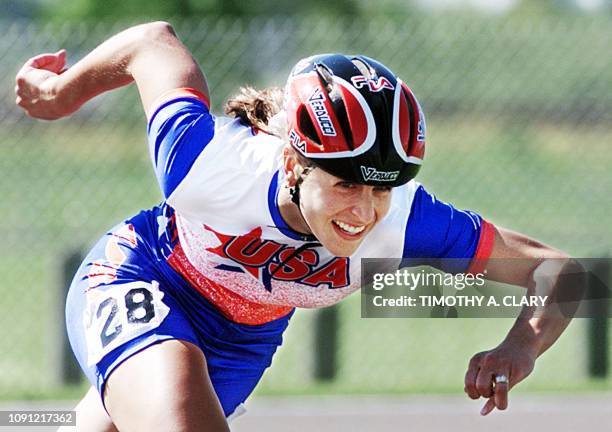 Julie Brandt of the US skates to the finish line during the roller speed skating 300-meter women's time trials at Grant Park High School 26 July 1999...