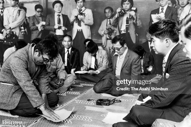 Environmental Agency chief Shintaro Ishihara holds talks with residents on Minamata Disease on April 24, 1977 in Nagashima, Kagoshima, Japan.