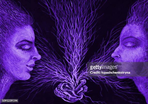 fashionable illustration of a painting of bisexuality horizontal portrait of two women in blue color nighttime scheme - date night romance stock illustrations