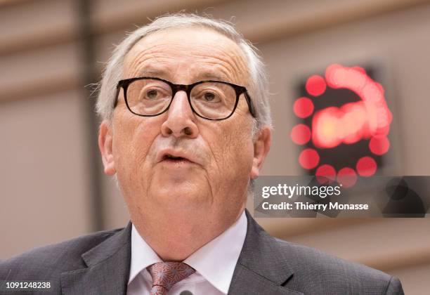 President of the European Commission Jean-Claude Juncker delivers a speech during a session of the European Parliament on Brexit on January 30, 2019...