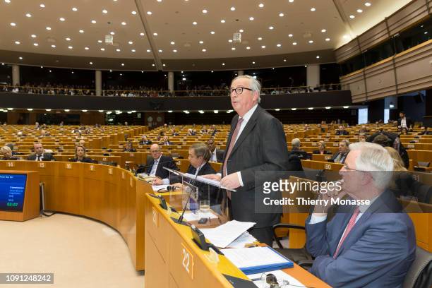 President of the European Commission Jean-Claude Juncker delivers a speech while the European Chief Negotiator for the United Kingdom Exiting the...