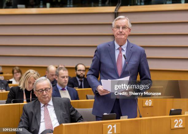 European Chief Negotiator for the United Kingdom Exiting the European Union Michel Barnier delivers a speech while the President of the European...