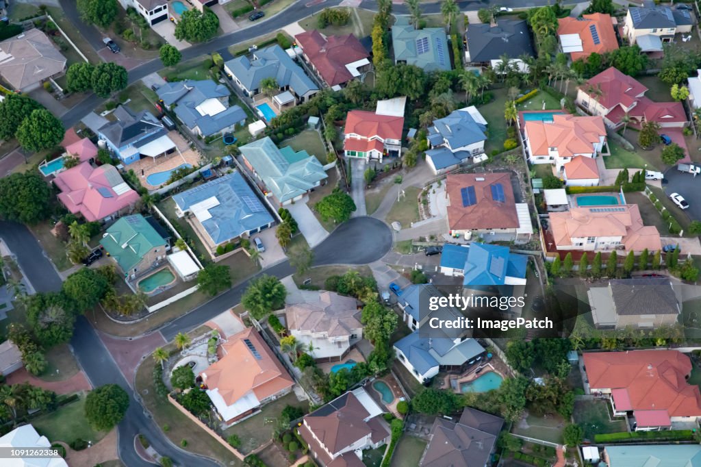 Helicopter overflight images of Brisbane suburb taken at dusk