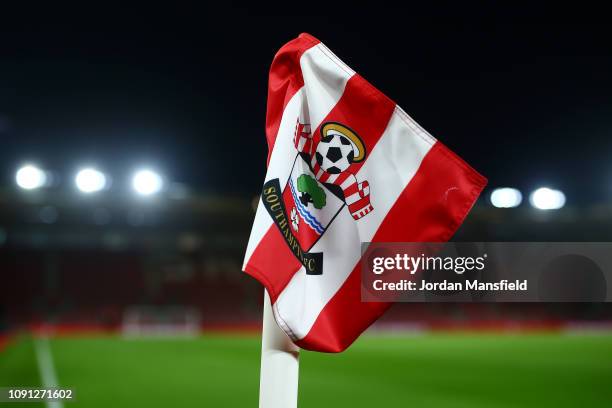 The Southampton FC badge is seen on a coner flag prior to the Premier League match between Southampton FC and Crystal Palace at St Mary's Stadium on...