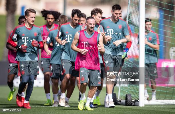 Franck Ribery is seen with team mates during a training session at day five of the Bayern Muenchen training camp at Aspire Academy on January 07,...