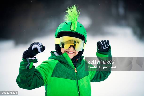portrait of a little skier - funny snow skiing stock pictures, royalty-free photos & images