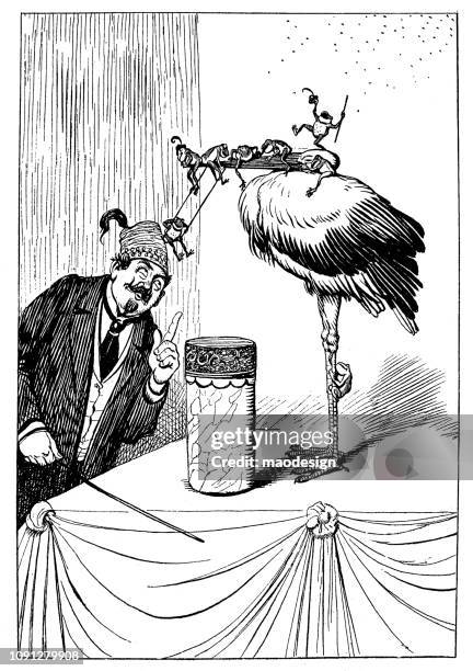stockillustraties, clipart, cartoons en iconen met kikkers toon trucs op een trapeze op een slapende ooievaar - 1896 - trapezeartiest