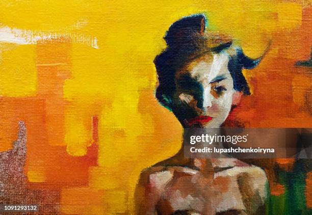 fashionable illustration modern art work my original oil painting on canvas in impressionism style summer portrait of a girl of asian appearance with black long hai - japanese greeting stock illustrations