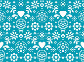 Sugar skull vector seamless pattern inspired by Mexican folk art, Dia de Los Muertos repetitive design in white on turquoise background