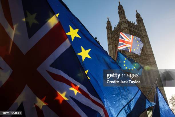 Anti-Brexit protesters demonstrate outside the Houses of Parliament in Westminster on January 08, 2019 in London, England. MPs in Parliament are to...