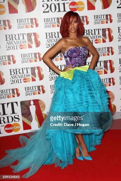 Singer Rihanna attends The Brit Awards 2011 held at The O2 Arena on February 15, 2011 in London, England.