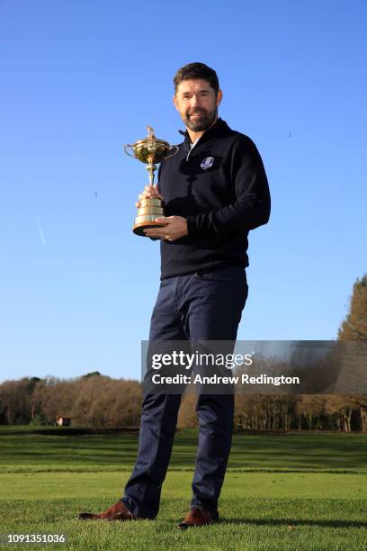 Padraig Harrington pose for a photo as he is named European Ryder Cup Captain for 2020 during a press conference at Wentworth on January 08, 2019 in...
