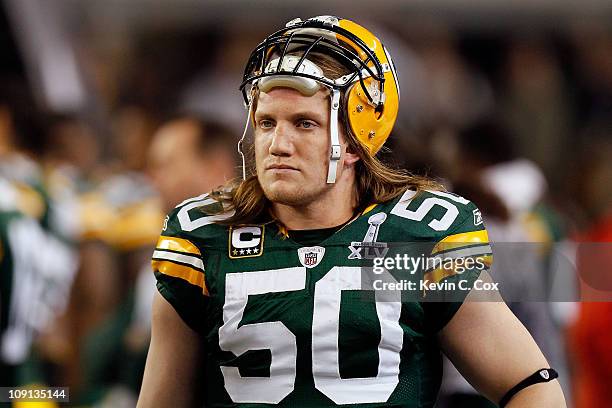 Hawk of the Green Bay Packers looks on from the sideline against the Pittsburgh Steelers during Super Bowl XLV at Cowboys Stadium on February 6, 2011...