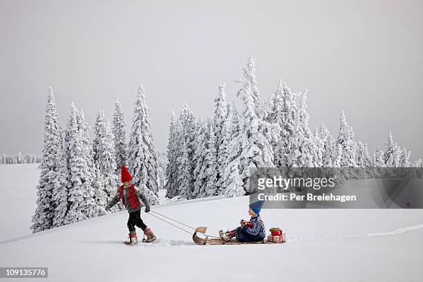 elf pulling toboggan with elf girl - elf hat stock pictures, royalty-free photos & images