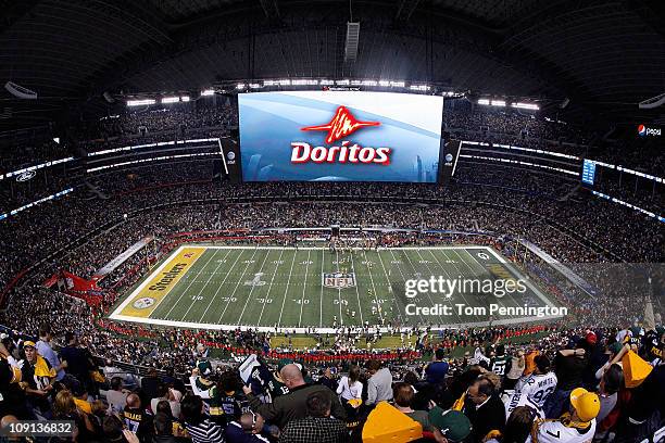 Doritos ad is displayed on the screen during Super Bowl XLV at Cowboys Stadium on February 6, 2011 in Arlington, Texas.