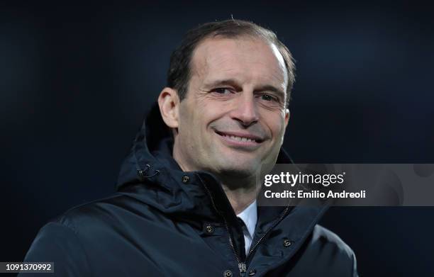 Juventus coach Massimiliano Allegri looks on during the Coppa Italia match between Atalanta BC and Juventus at Stadio Atleti Azzurri d'Italia on...