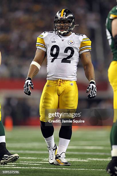 James Harrison of the Pittsburgh Steelers stands on the field against the Green Bay Packers during Super Bowl XLV at Cowboys Stadium on February 6,...