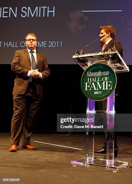 Editor of Motor Sport Magazine Damien Smith and presenter Jake Humphrey speak on stage at the Motor Sport Hall of Fame 2011 in association with TAG...