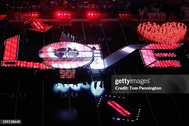 The Black Eyed Peas perform during the Bridgestone Super Bowl XLV Halftime Show at Cowboys Stadium on February 6, 2011 in Arlington, Texas.