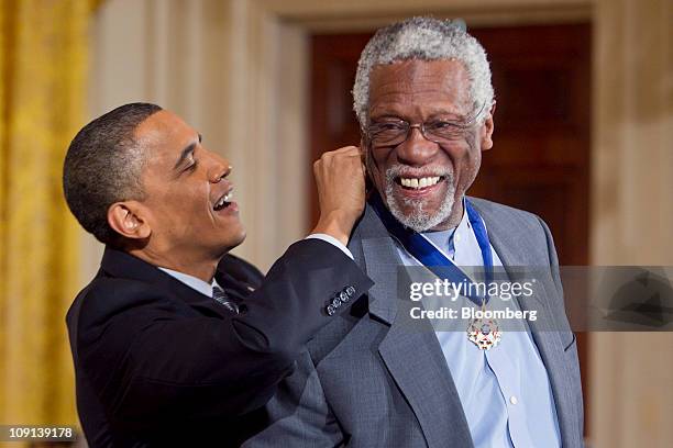 Bill Russell, former professional basketball player and head coach of the Boston Celtics, is awarded the Presidential Medal of Freedom from U.S....