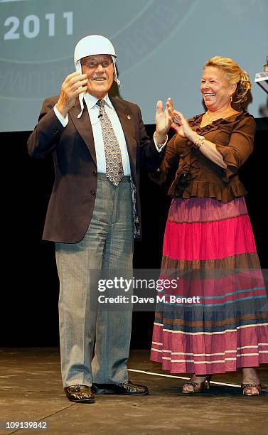 Hall of Fame driver Sir Stirling Moss and wife Lady Susie Moss speak on stage during the Motor Sport Hall of Fame 2011 in association with TAG Heuer,...