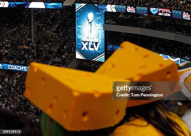 General view of two cheeseheads worn by Green Bay Packers fans as the Packers take on the Pittsburgh Steelers during Super Bowl XLV at Cowboys...