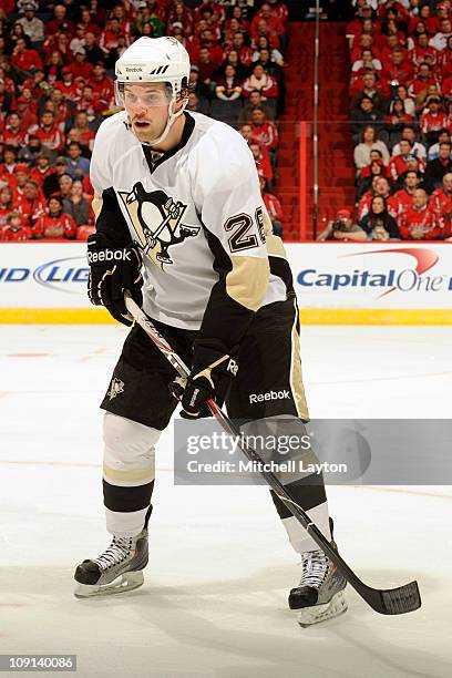 Eric Tangradi of the Pittsburgh Penguins looks on during an NHL hockey game against the Washington Capitals on February 6, 2011 at the Verizon Center...