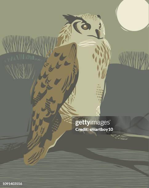 countryside scene with eagle owl - buboes stock illustrations