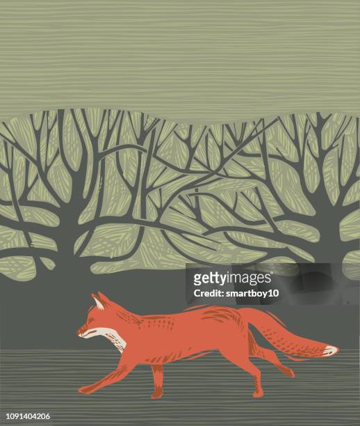 landschaft-szene mit fox - vuxen stock-grafiken, -clipart, -cartoons und -symbole