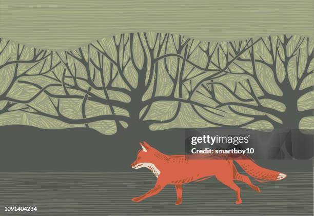 landschaft-szene mit fox - vuxen stock-grafiken, -clipart, -cartoons und -symbole