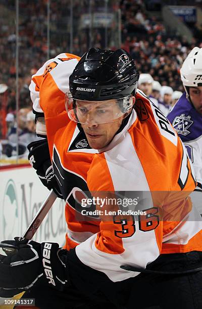 Darroll Powe of the Philadelphia Flyers skates against the Los Angeles Kings on February 13, 2011 at the Wells Fargo Center in Philadelphia,...