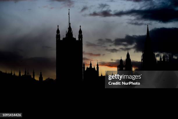 The Houses of Parliament are silohuetted as the sun sets, London on January 30, 2019. The EU's chief negotiator Michel Barnier says the Irish...