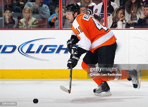 Andrej Meszaros of the Philadelphia Flyers skates with the puck against the Los Angeles Kings on February 13, 2011 at the Wells Fargo Center in...