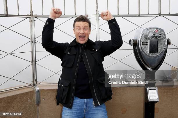 Jamie Oliver visits The Empire State Building on January 08, 2019 in New York City.