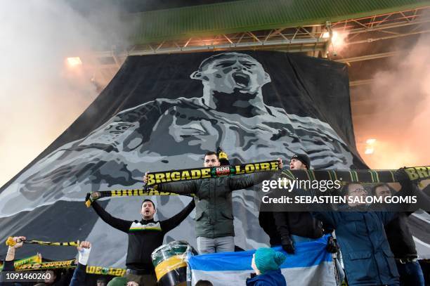 Nantes supporters pay a tribute to Nantes' Argentinian forward Emilianio Sala during the French L1 football match between FC Nantes and AS Saint...