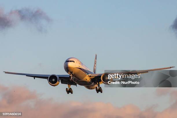 All Nippon Airways Boeing 777-300 with registration JA787A landing at London Heathrow International Airport LHR / EGLL in England, UK. All Nippon...