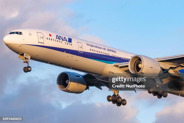 All Nippon Airways Boeing 777-300 with registration JA787A landing at London Heathrow International Airport LHR / EGLL in England, UK. All Nippon...