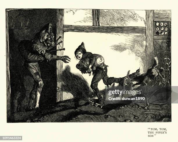 nursery rhymes, tom, tom, the piper's son - stranger stock illustrations