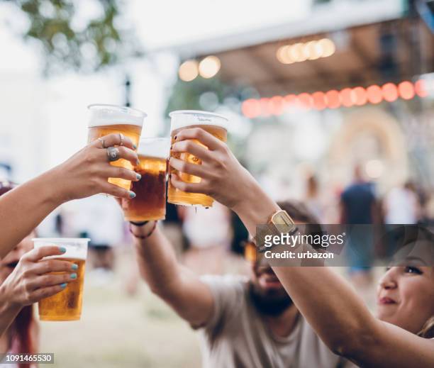 gruppe von menschen auf einem musikfestival - beer cheers stock-fotos und bilder
