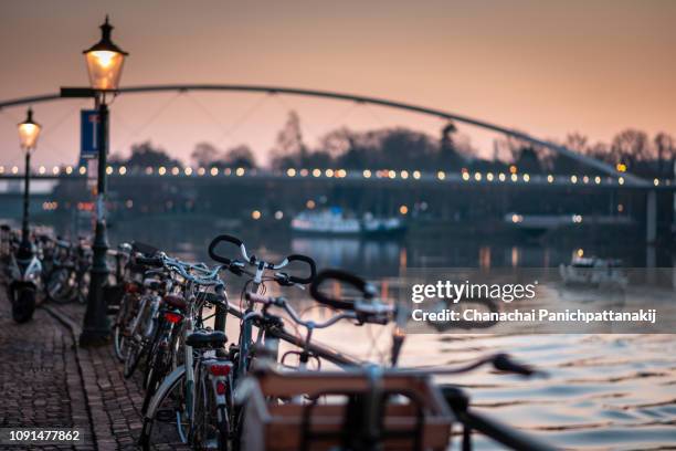 scenic along meuse river in maastricht, netherlands - maastricht stockfoto's en -beelden