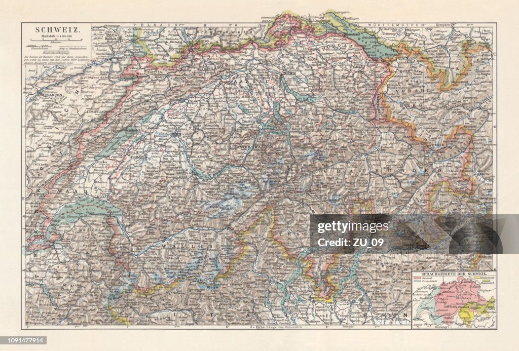 Map of Switzerland and the different language areas, lithograph, 1897