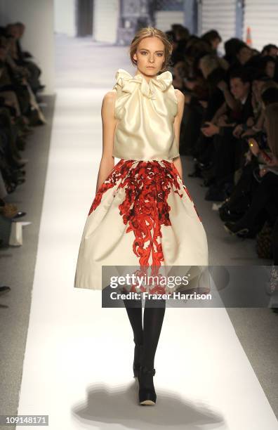 Model walks the runway at the Tibi Fall 2011 fashion show during Mercedes-Benz Fashion Week at The Stage at Lincoln Center on February 15, 2011 in...