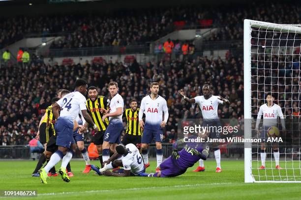Craig Cathcart of Watford scores a goal to make it 1-0 during the Premier League match between Tottenham Hotspur and Watford FC at Wembley Stadium on...
