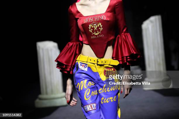 Model walks the runway at the Moschino show at Cinecitta on January 08, 2019 in Rome, Italy.
