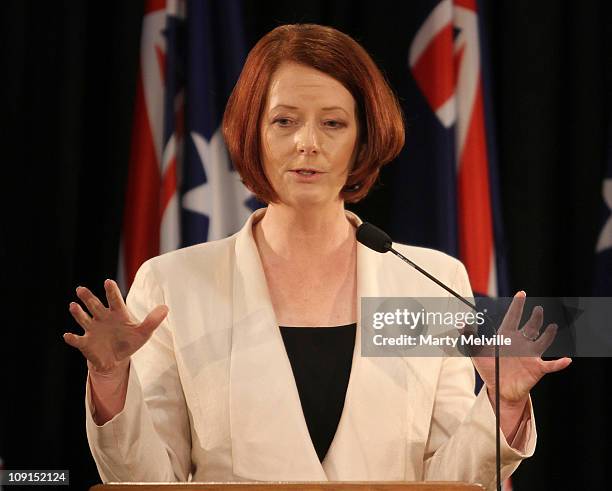 Prime Minister of Australia Julia Gillard speaks with Prime Minister of New Zealand John Key during a joint press conference at Parliament on...