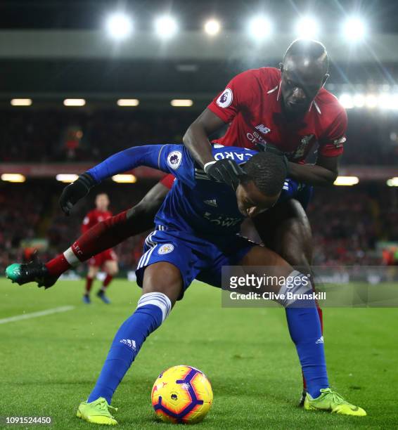 Ricardo Pereira of Leicester City shields the ball from Sadio Mane of Liverpool during the Premier League match between Liverpool FC and Leicester...