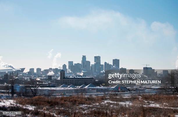 View of the city skyline on January 30, 2019 in Minneapolis, Minnesota. - Bitter cold with temperatures lower than Antarctica gripped the American...