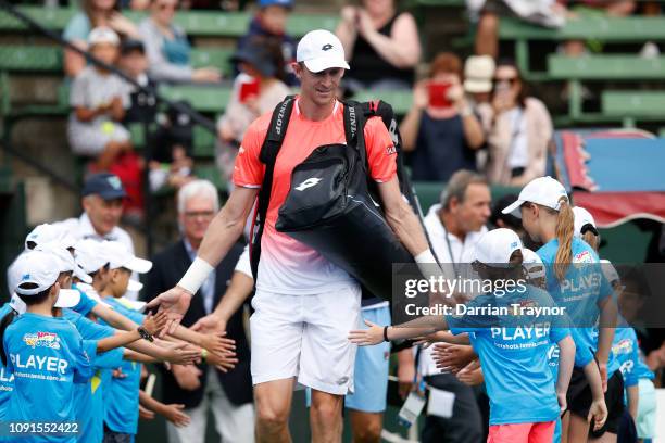 Kevin Anderson of South walks onto to court before his match against Marin Cilic of Croatia during day two of the 2019 Kooyong Classic at the Kooyong...